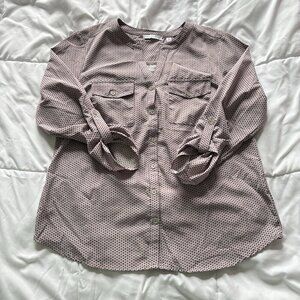 Notations Womens Size Medium Blouse 3/4 Sleeve Pink Polka Dots Button Up‎ V Neck